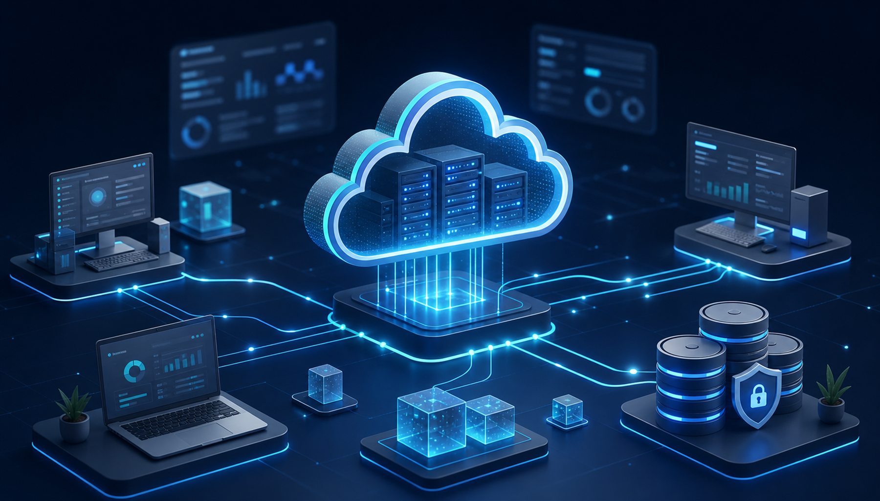 Cloud infrastructure and secure business systems illustration